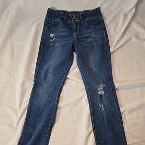 YMI Jeans Size 10 Girls Button Fly Distressed Denim Pants Blue Stretch Casual
